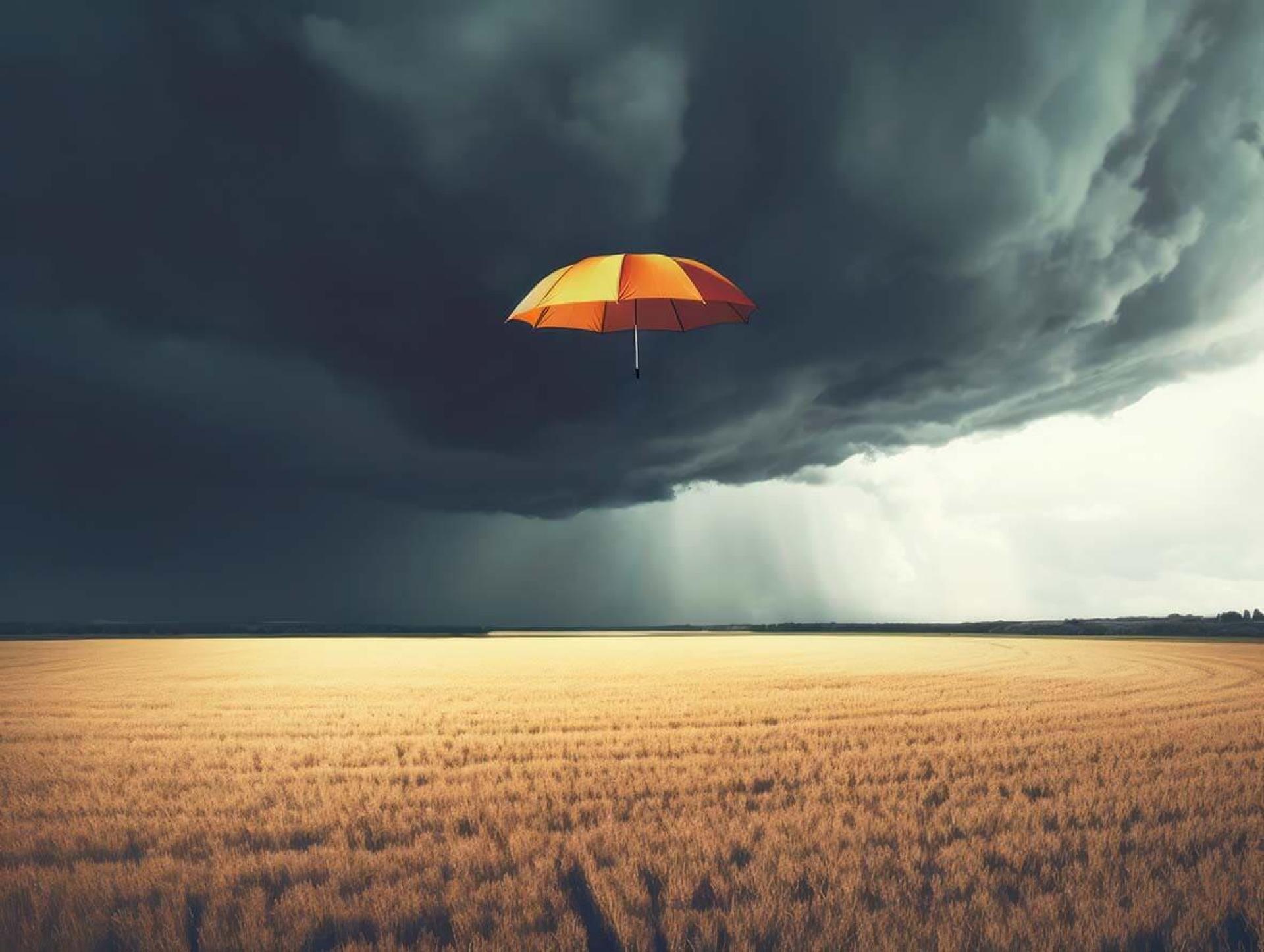 parapluie au-dessus d'un champs pendant un orage symbolisant la protection