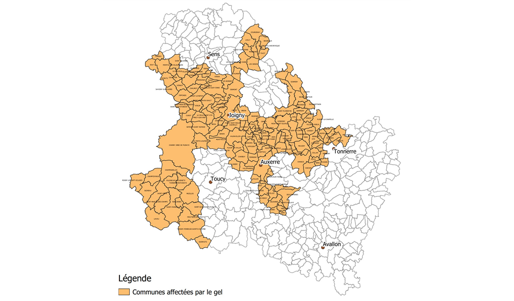 communes affectées par le gel en avril 2022
